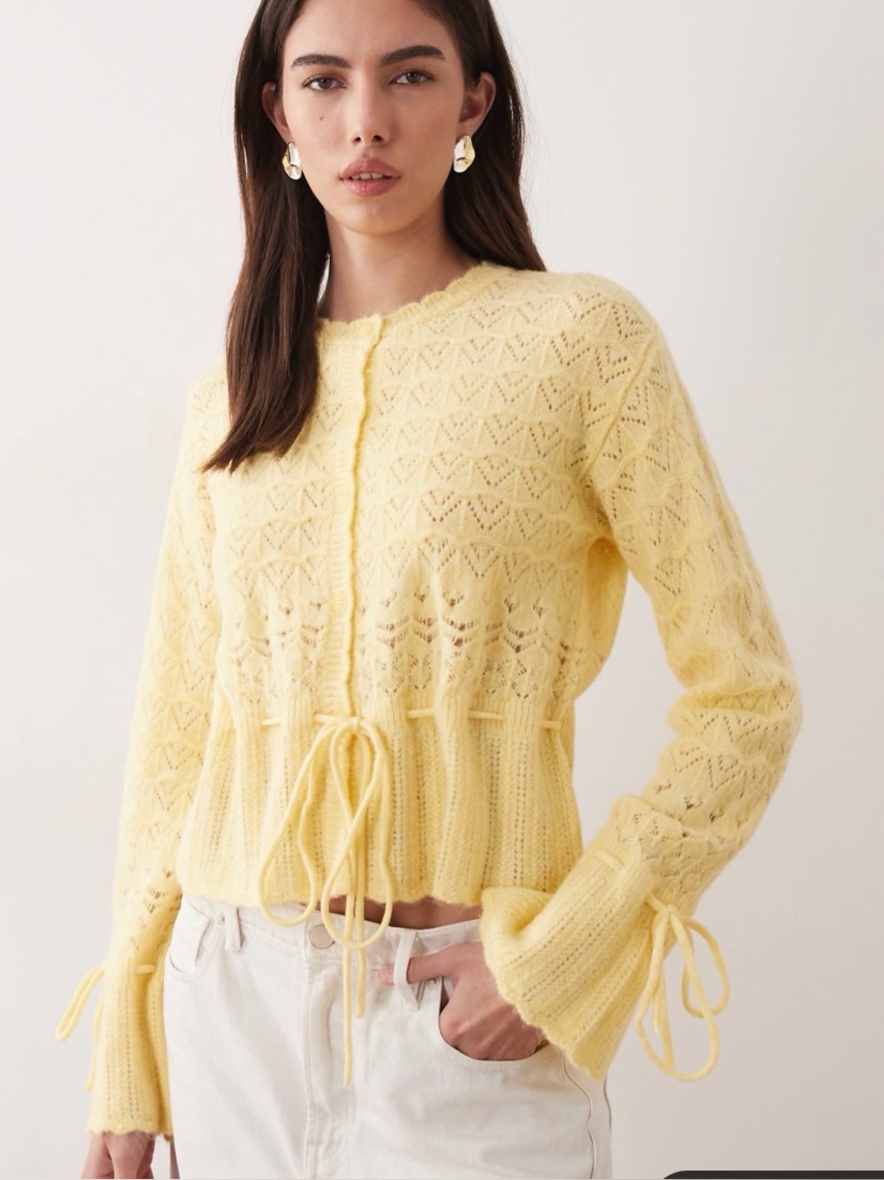 Miss Selfridge open stitch peplum hem cardigan in buttermilk